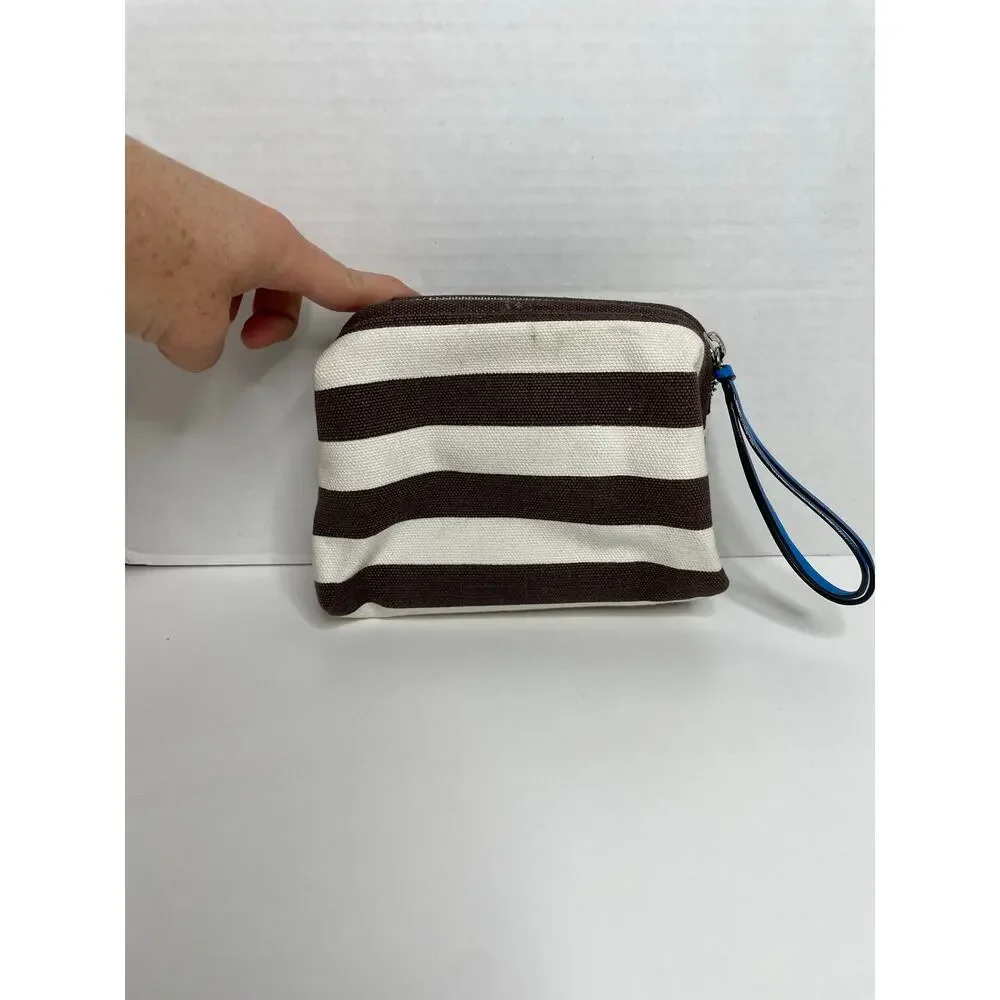Henri Bendel Cosmetic Bag Brown White Stripe Blue Strap